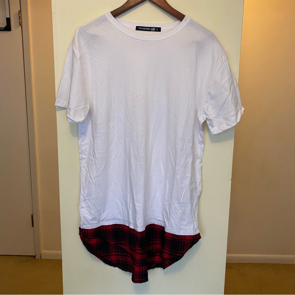 Kayden K White T Shirt Red Black Plaid Flannel Bottom Hem Mens Large 100% Cotton